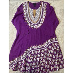 Ashro Women’s XXL Linen Blend Dashiki Tunic Dress Purple Ethnic African Print
